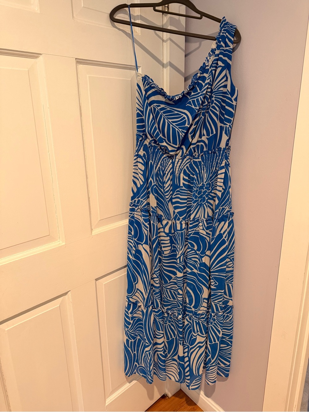 Taylor Blue and White One-Shoulder Floral Maxi Dress
